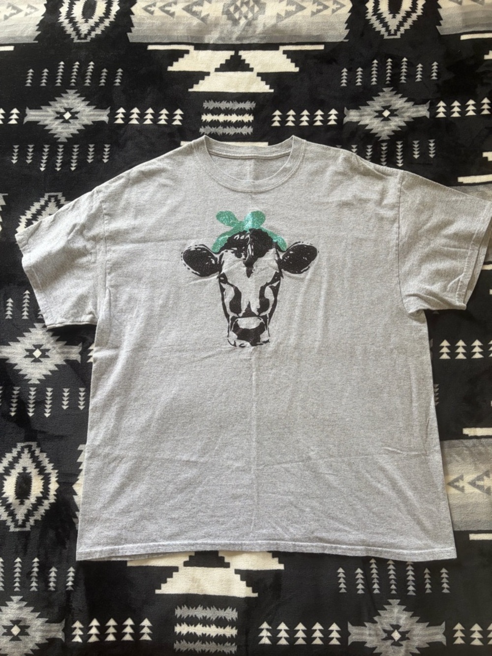 Gray Cow Graphic Tee with Green Bandana
